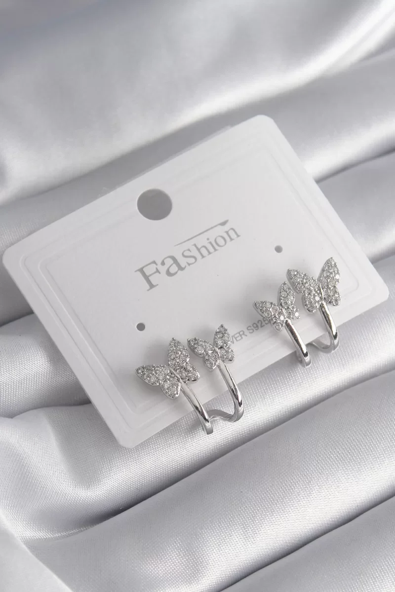 Pirinç Gümüş Renk Zirkon Taşlı Kelebek Model Kadın Küpe - Lisinya