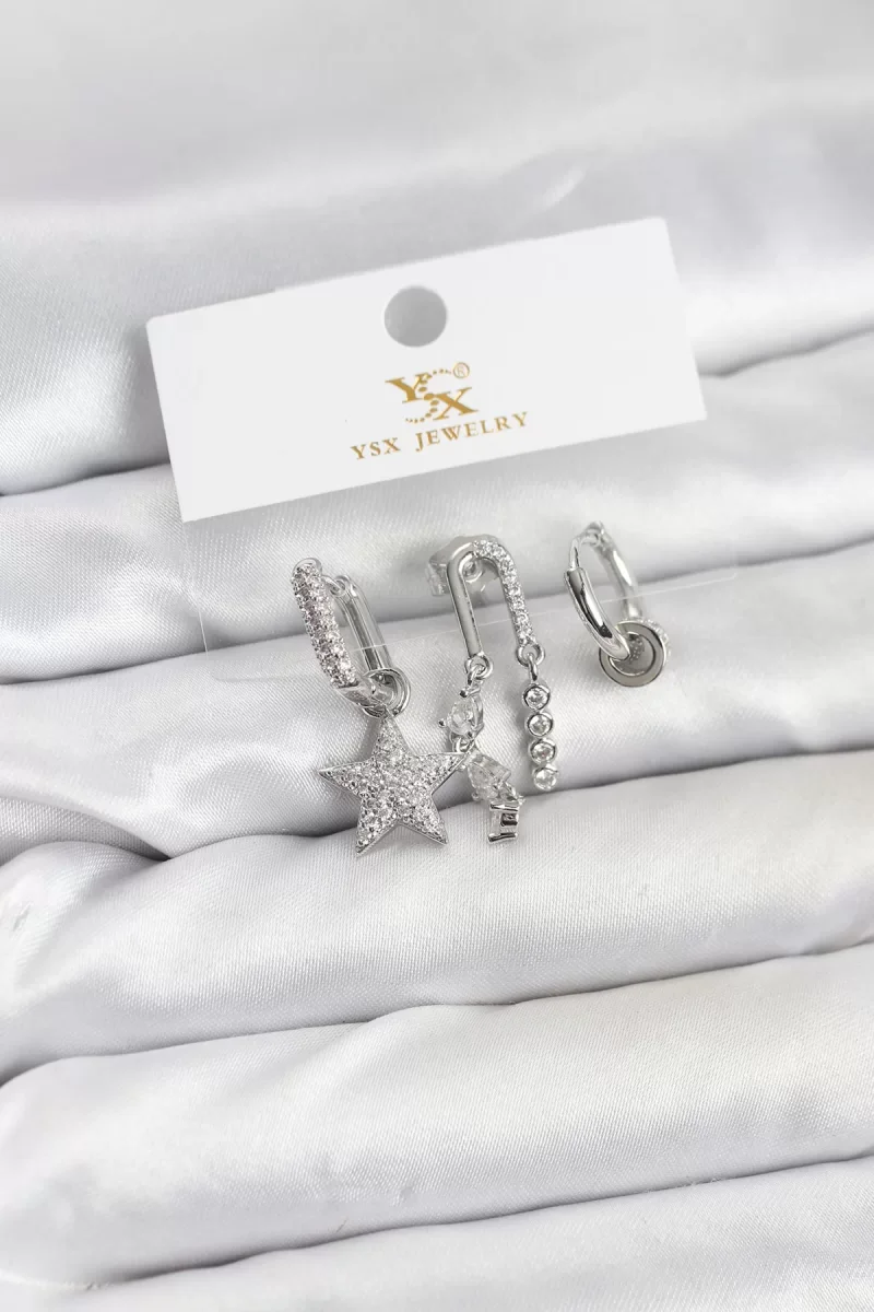 Pirinç Gümüş Renk Zirkon Taşlı Yıldız Vintage Model YSX Trio Küpe Seti - Lisinya