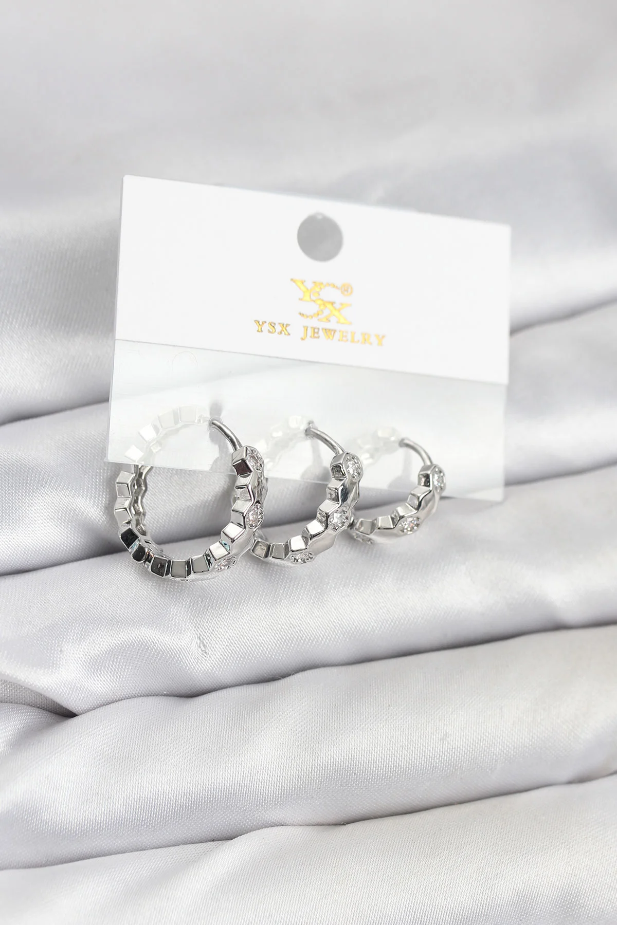 Pirinç Gümüş Renk Zirkon Taşlı Petek Halka Model YSX Trio Küpe Seti -1492