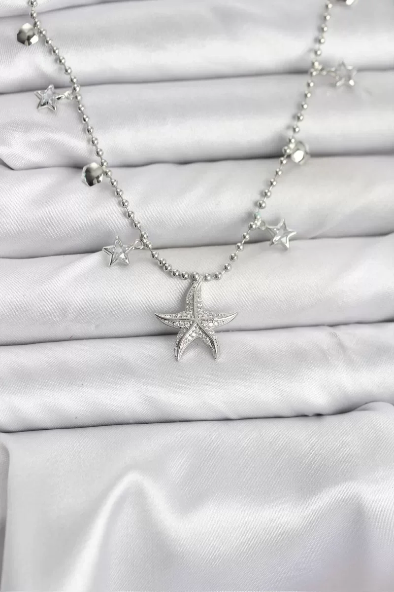 Pirinç Gümüş Renk Zirkon Taşlı Deniz Yıldızı Model Kadın Kolye - Lisinya