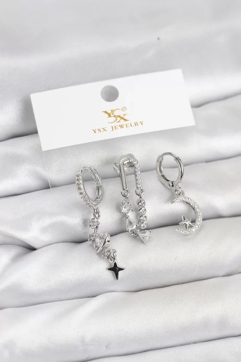 Pirinç Gümüş Renk Zirkon Taşlı Uzay Model YSX Trio Küpe Seti - Lisinya