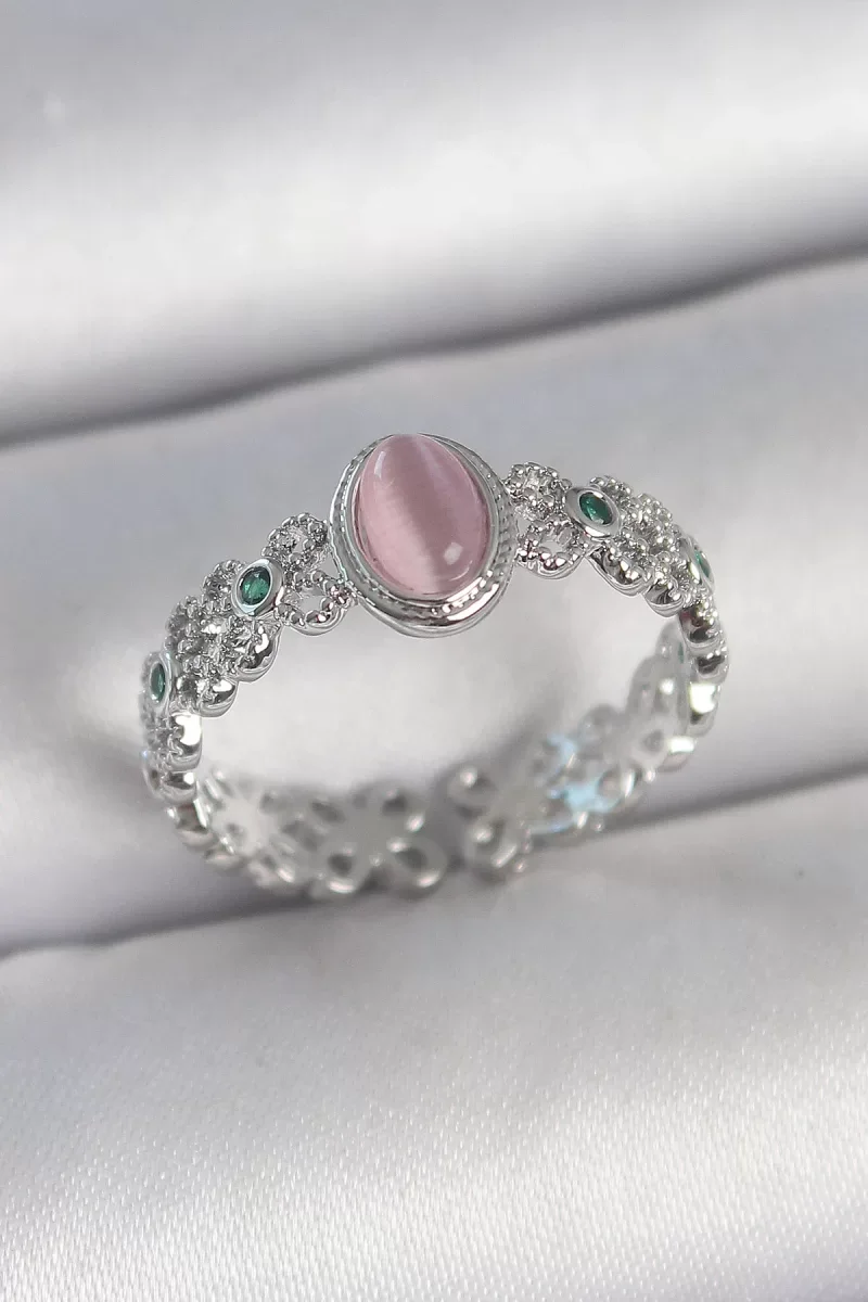 Pirinç Gümüş Renk Zirkon Taş Detaylı Pembe Mineli Damla Model Ayarlanabilir Kadın Yüzük - Lisinya