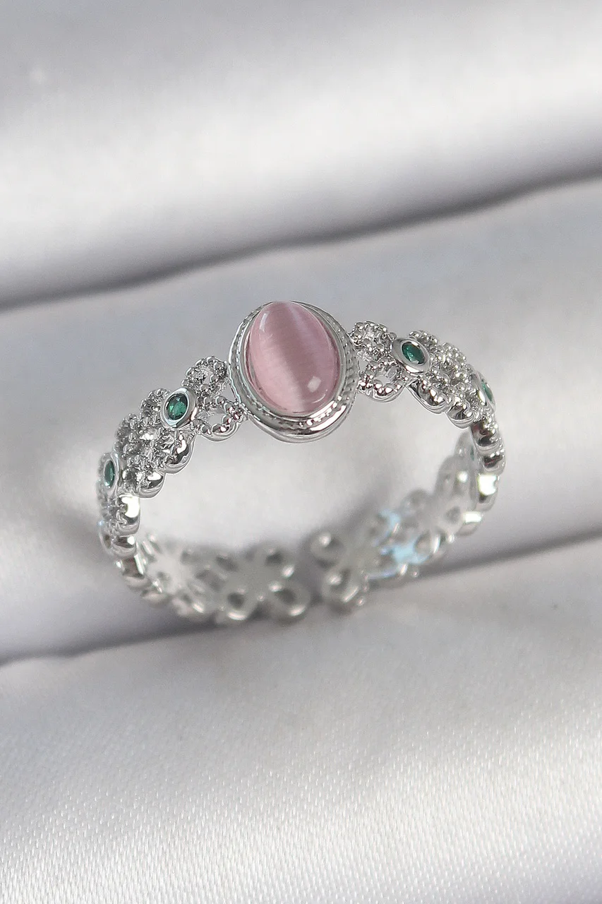 Pirinç Gümüş Renk Zirkon Taş Detaylı Pembe Mineli Damla Model Ayarlanabilir Kadın Yüzük Tj-byk3724 Diğer
