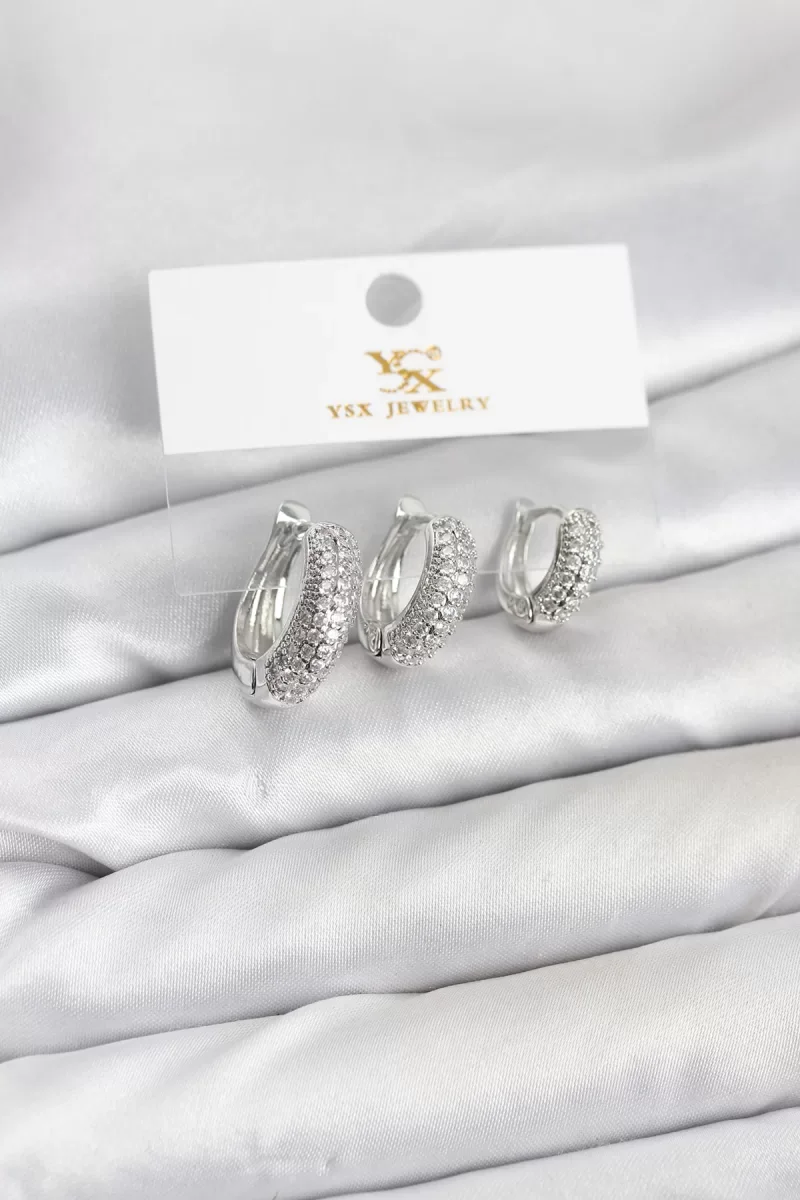 Pirinç Gümüş Renk Zirkon Taşlı Halka Model YSX Trio Küpe Seti - Lisinya