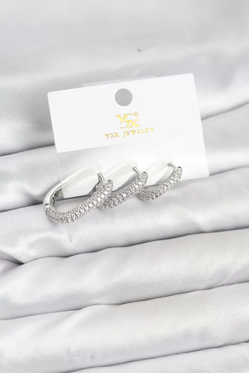 Pirinç Gümüş Renk Zirkon Taşlı Halka Model YSX Trio Küpe Seti - Lisinya