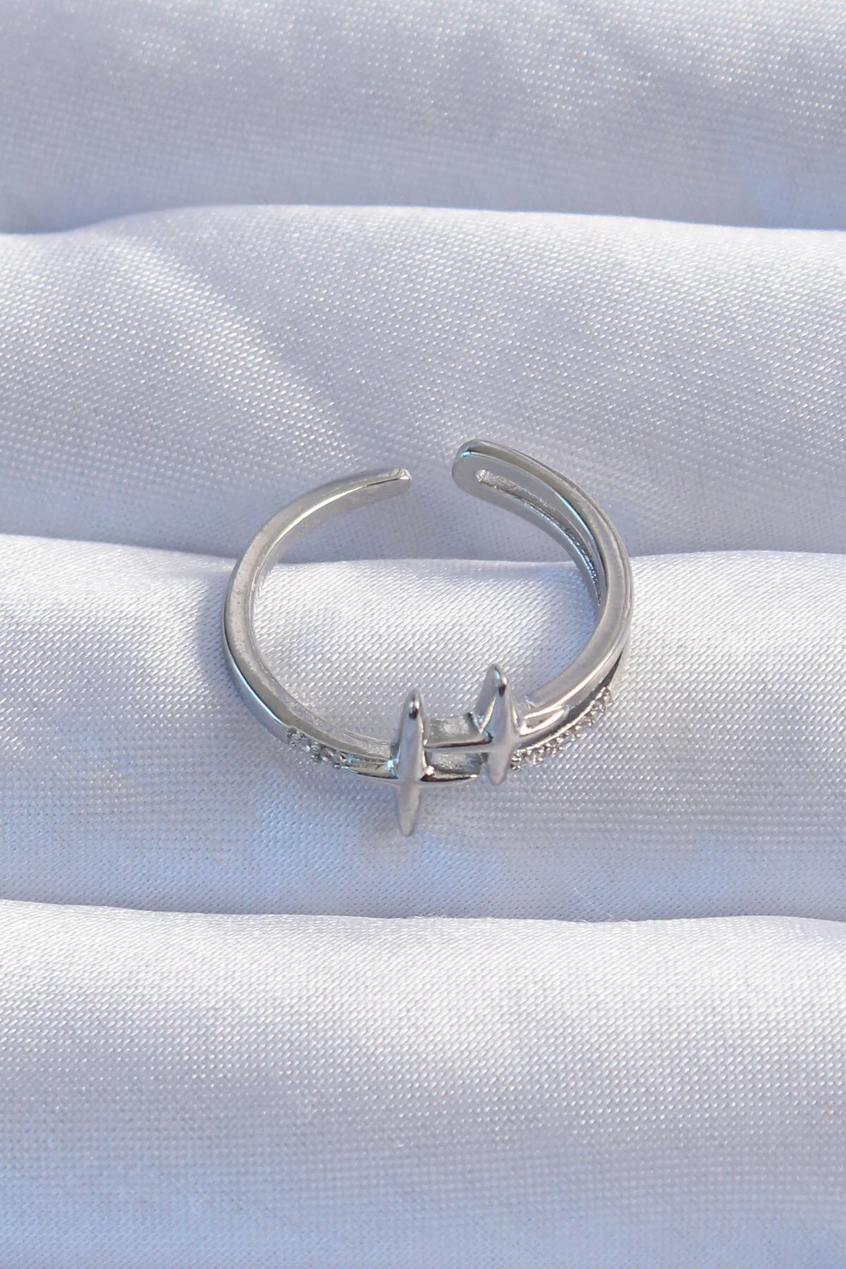 Pirinç Gümüş Renk Zirkon Taşlı 2li Görünüm Ayarlanabilir Yıldız M