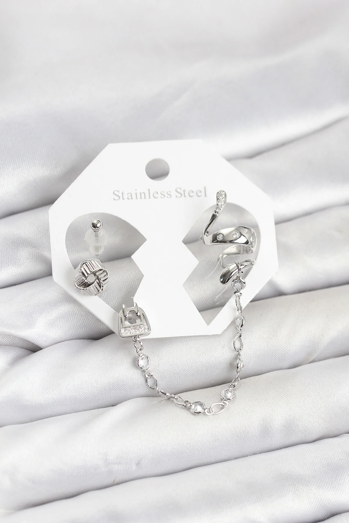 Pirinç Gümüş Yılan Model Zincir Bağlantılı Ear Cuff Küpe Seti 5886