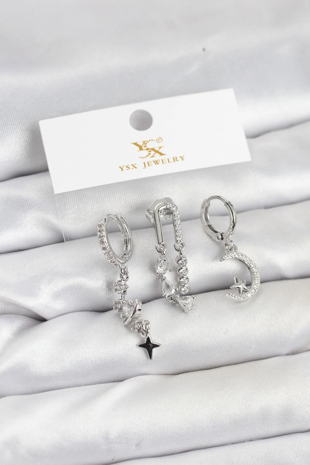 Pirinç Gümüş Zirkon Taşlı YSX Trio Uzay Model Küpe Seti