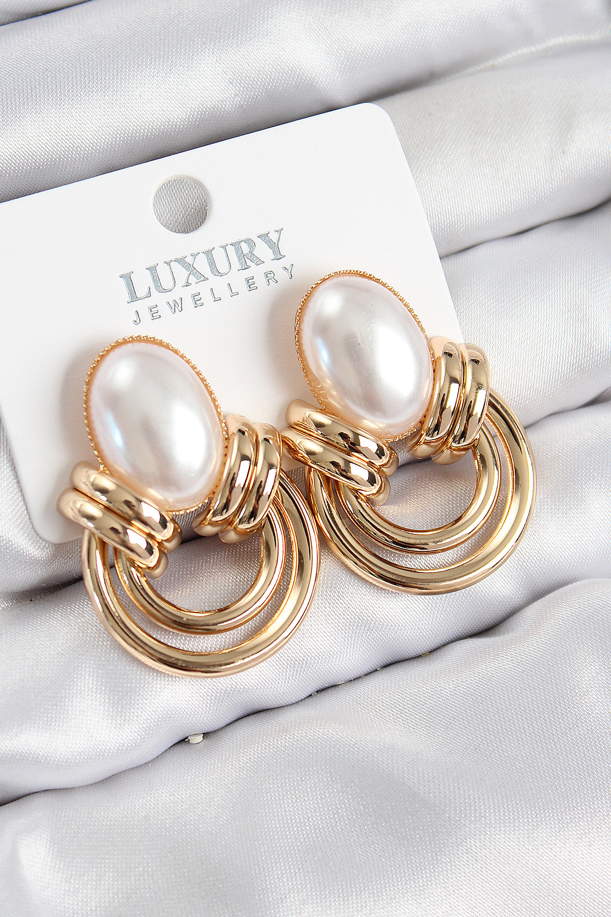 Pirinç İnci Detaylı Vintage Model Gold Renk Kadın Küpe - TJ-BKP11