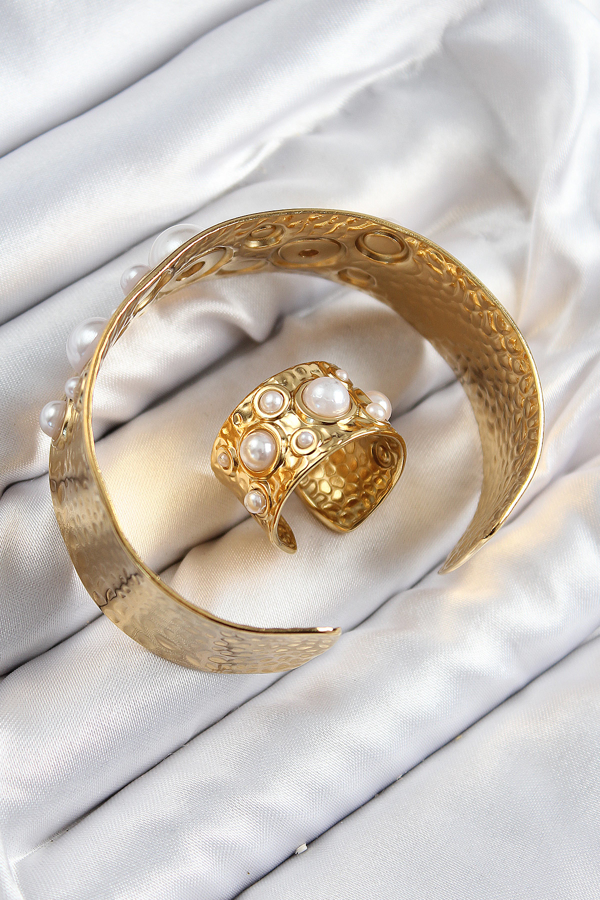 Pirinç İncili Model Gold Renk Bileklik Yüzük Set - TJ-BB7606