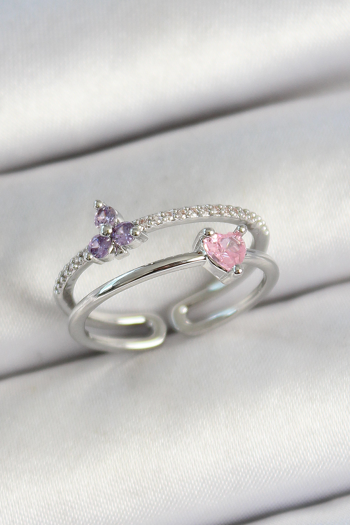 Pirinç Kalp Ve Çiçek Figürlü Zirkon Taşlı Gümüş Renk Ayarlanabili