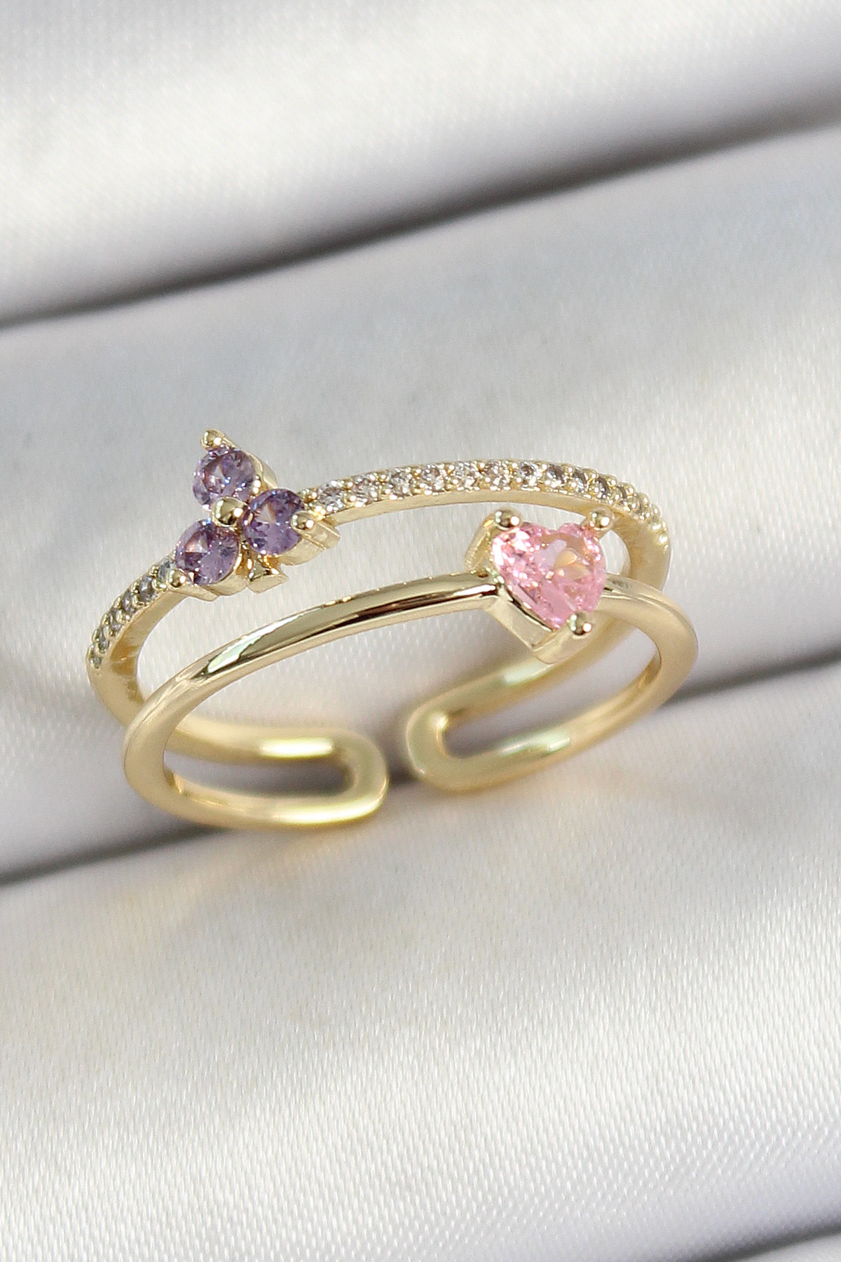 Pirinç Kalp Ve Çiçek Figürlü Zirkon Taşlı Gold Renk Ayarlanabilir