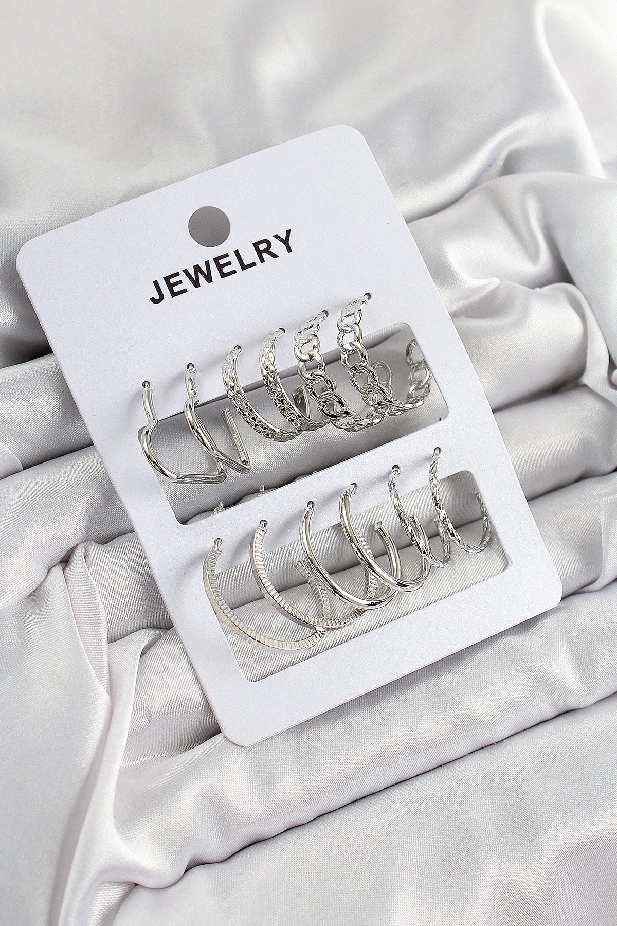Pirinç Karışık Halka Model Gümüş Renk 6 Çift Kadın Küpe Set - TJ-