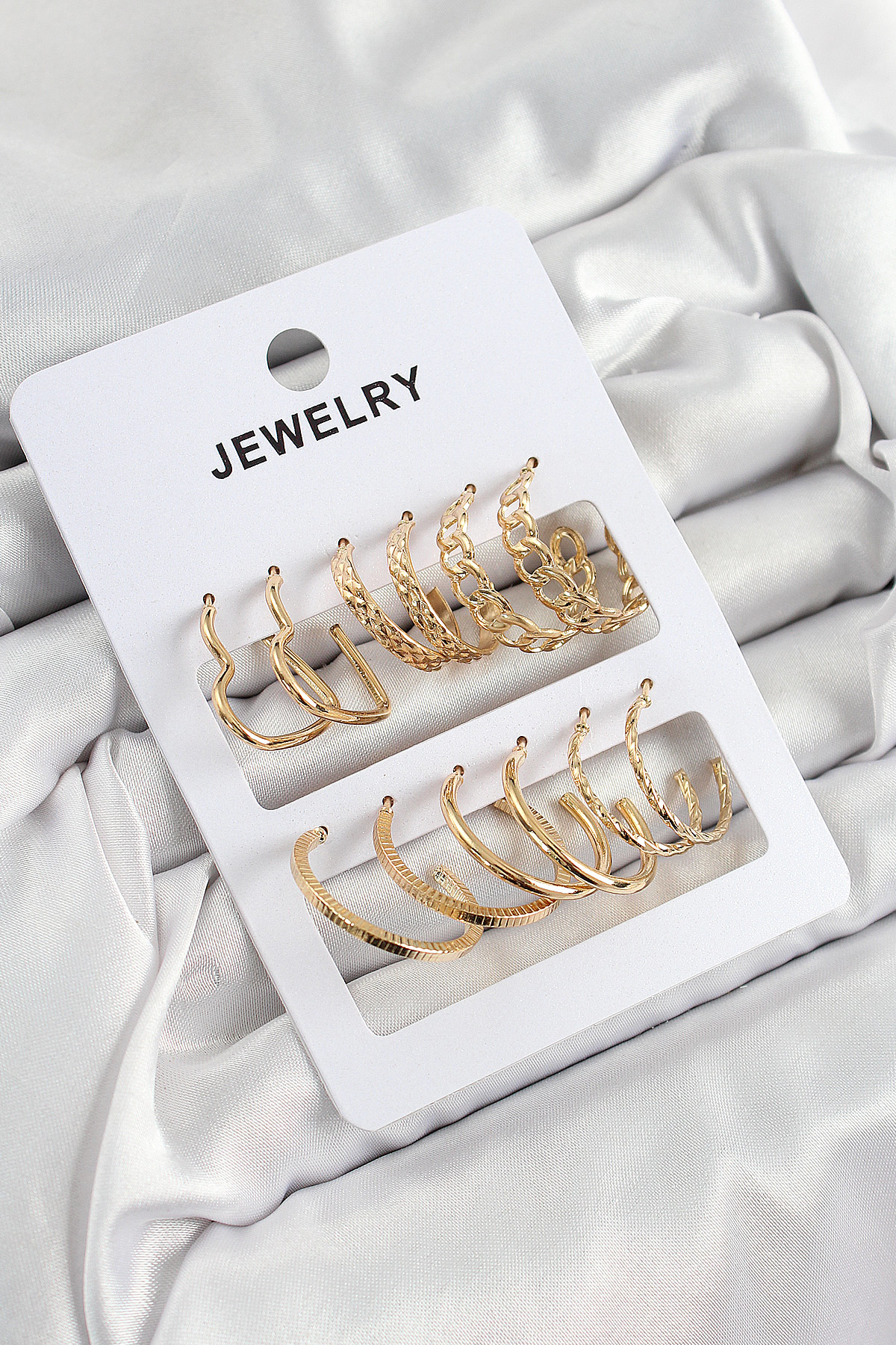 Pirinç Karışık Halka Model Gold Renk 6 Çift Kadın Küpe Set - TJ-B