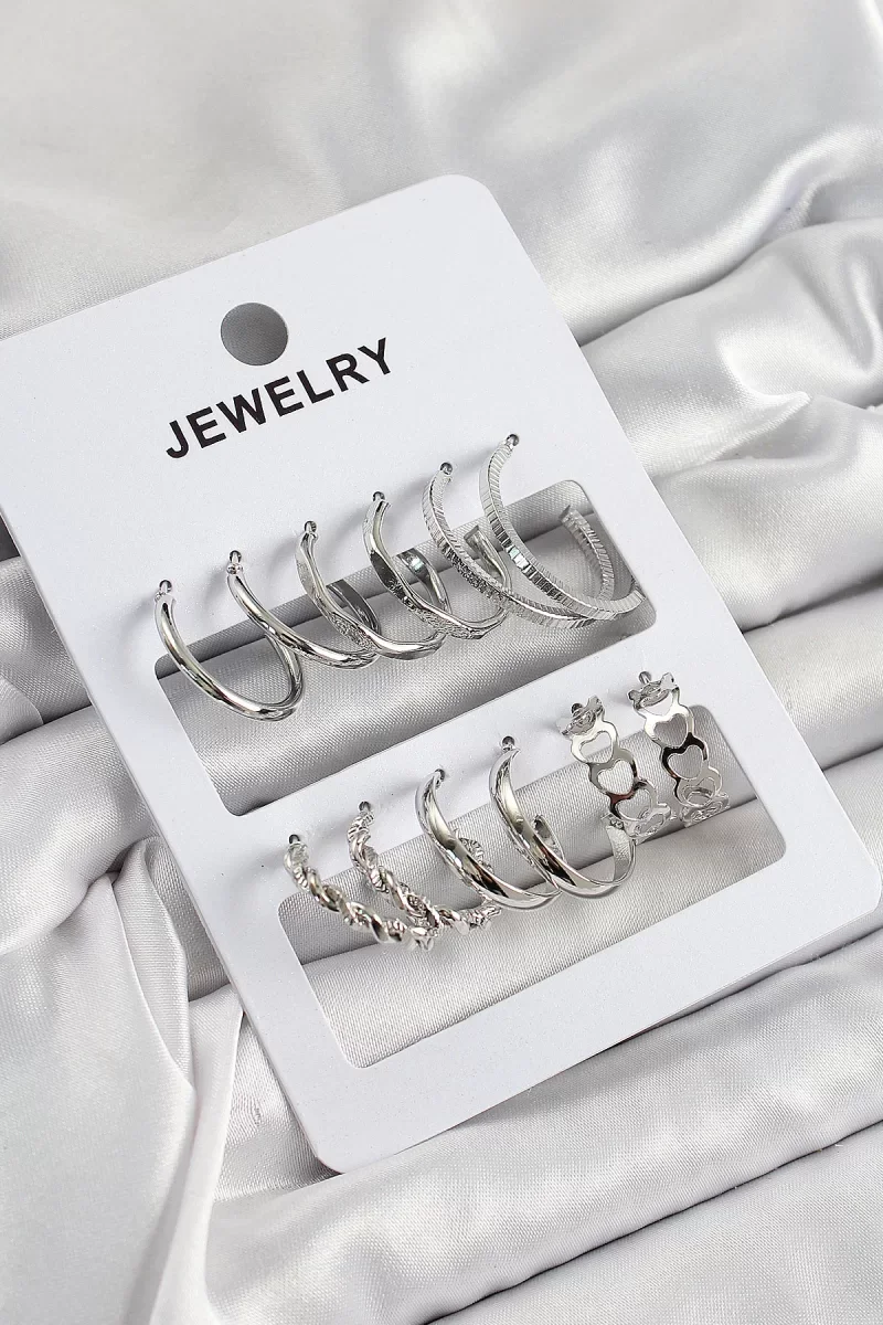 Pirinç Karışık Halka Model Gümüş Renk 6 Çift Kadın Küpe Set - Lisinya