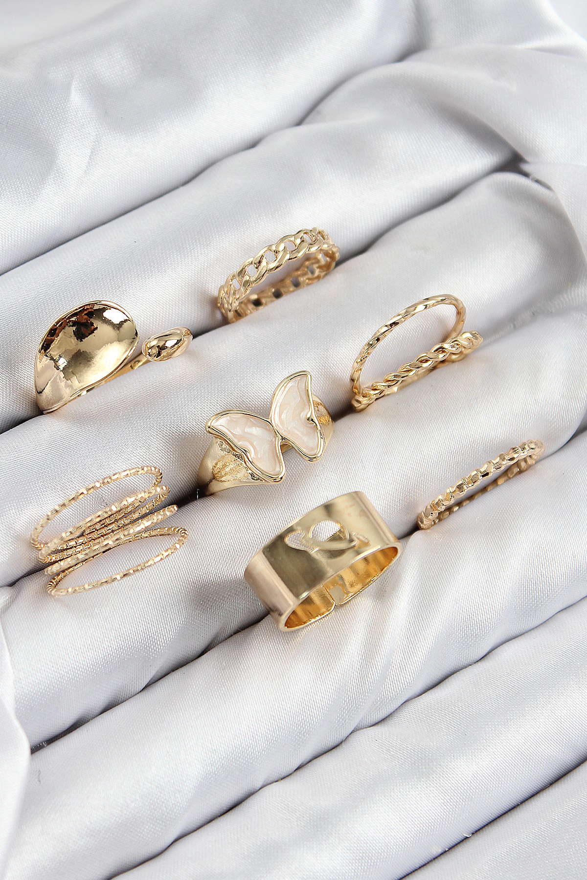Pirinç Kelebek Model Gold Renk Kadın Yüzük Kombin Set - TJ-BYK381