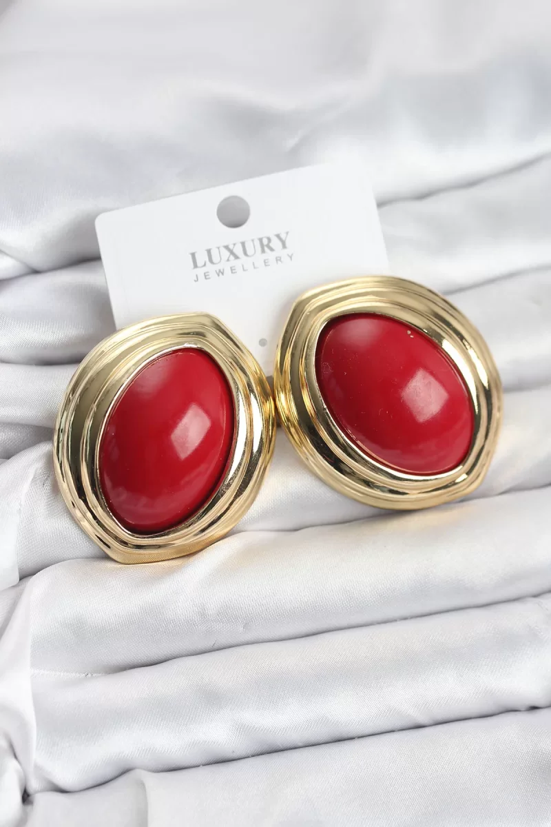 Pirinç Kırmızı Badem Model Vintage Gold Kadın Küpe - Lisinya