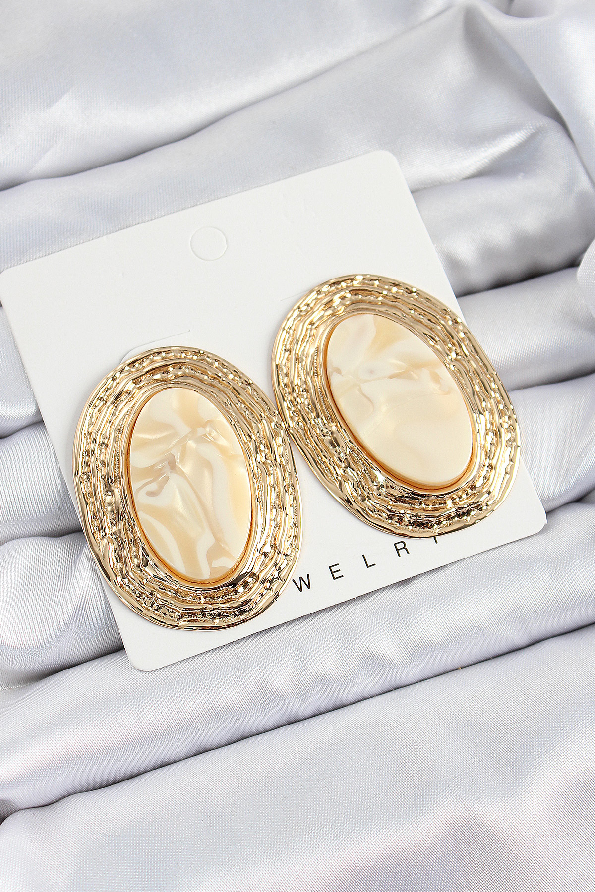 Pirinç Mermer Desenlli Bej Sedef Oval Vintage Model Gold Renk Kad