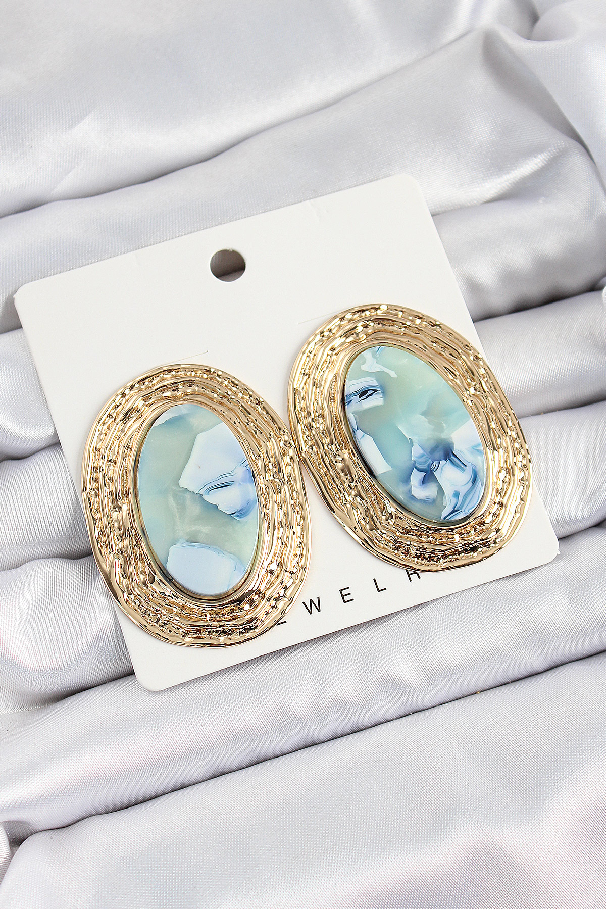 Pirinç Mermer Desenlli Mavi Sedef Oval Vintage Model Gold Renk Ka