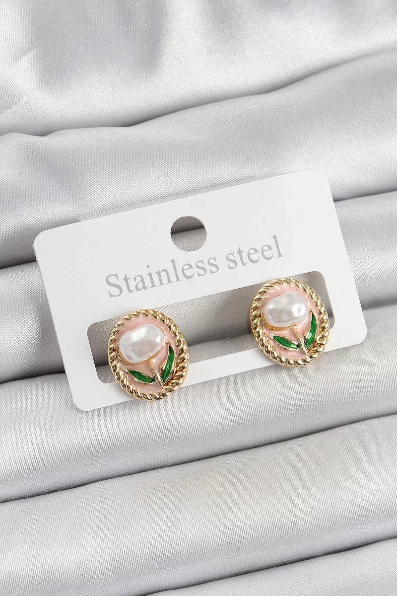 Pirinç Pembe Mineli Lale Figürlü Sanatsal Portre Model Gold Renk Kadın Küpe - Lisinya