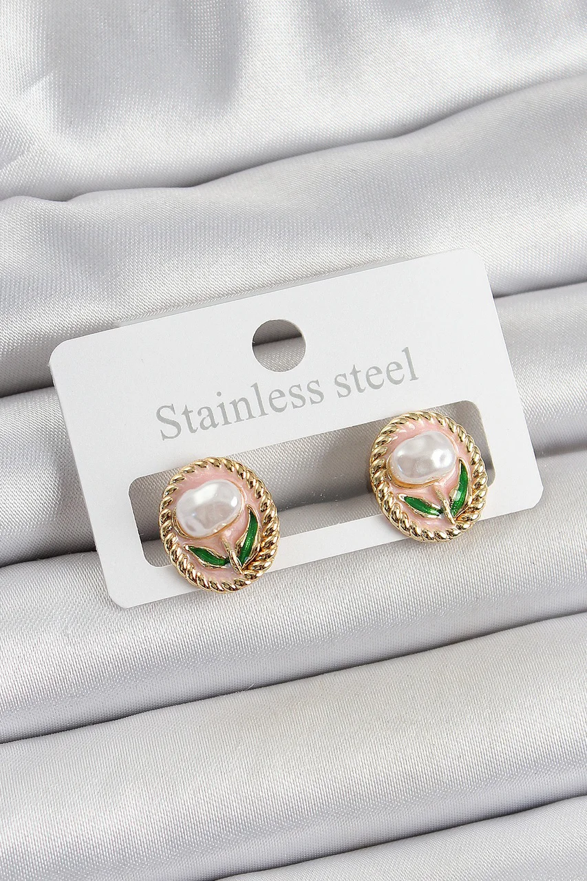 Pirinç Pembe Mineli Lale Figürlü Sanatsal Portre Model Gold Renk Kadın Küpe Tj-bkp10672 Diğer