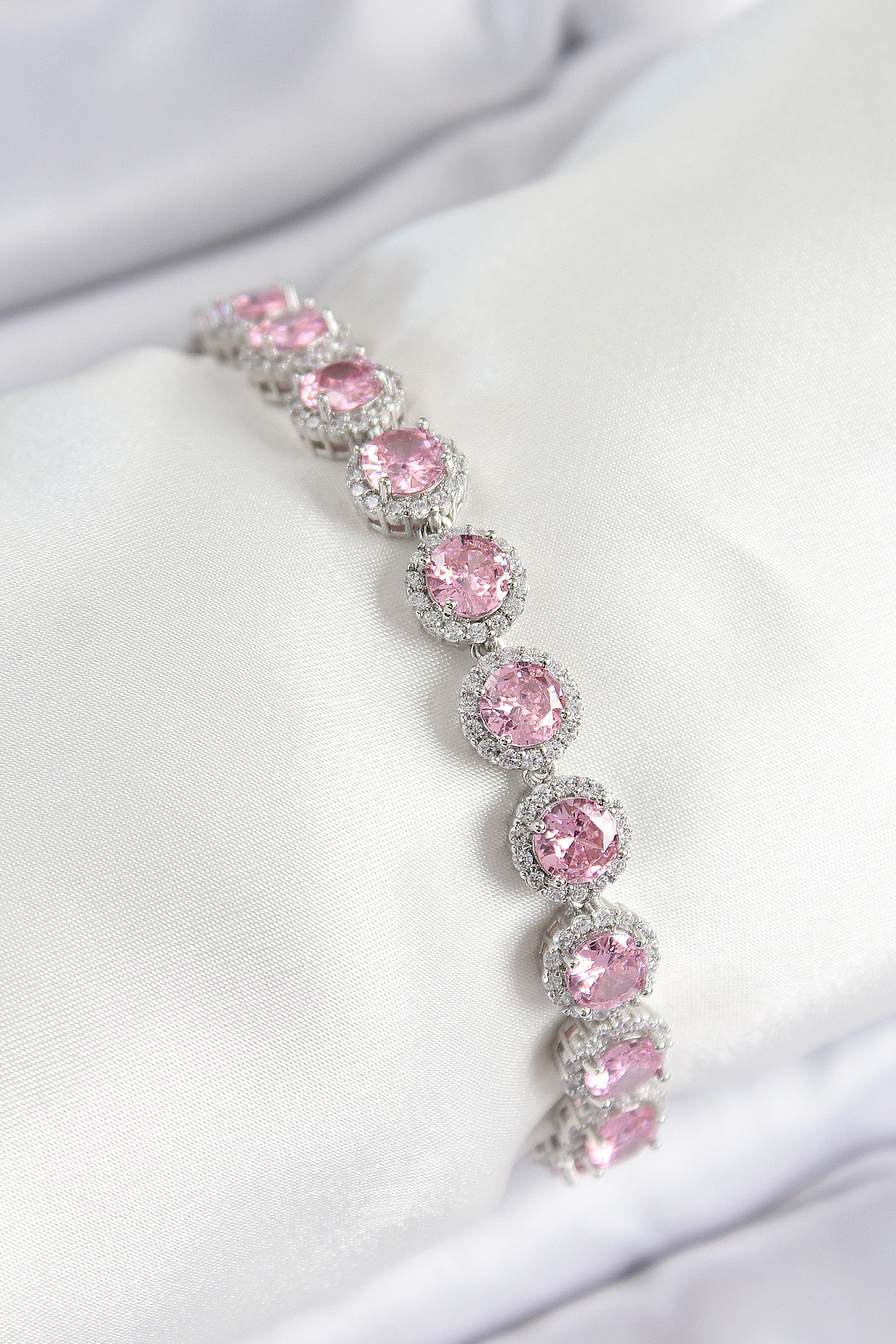 Pirinç Pembe Zirkon Taşlı Daire Baget Model Gümüş Renk VIP Seri K