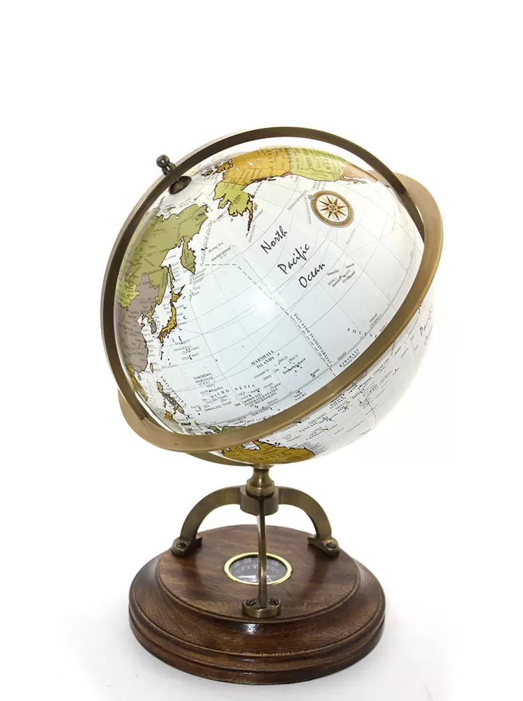 Pirinç Pusulalı Vintage Dünya Küresi 34 cm Dekoratif Biblo