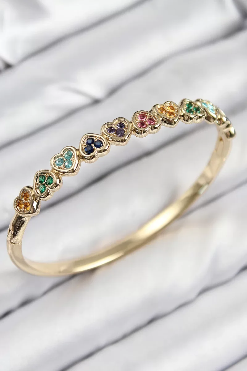 Pirinç Renkli Zirkon Taşlı Sıralı Kalp Model Gold Renk Kadın Kele