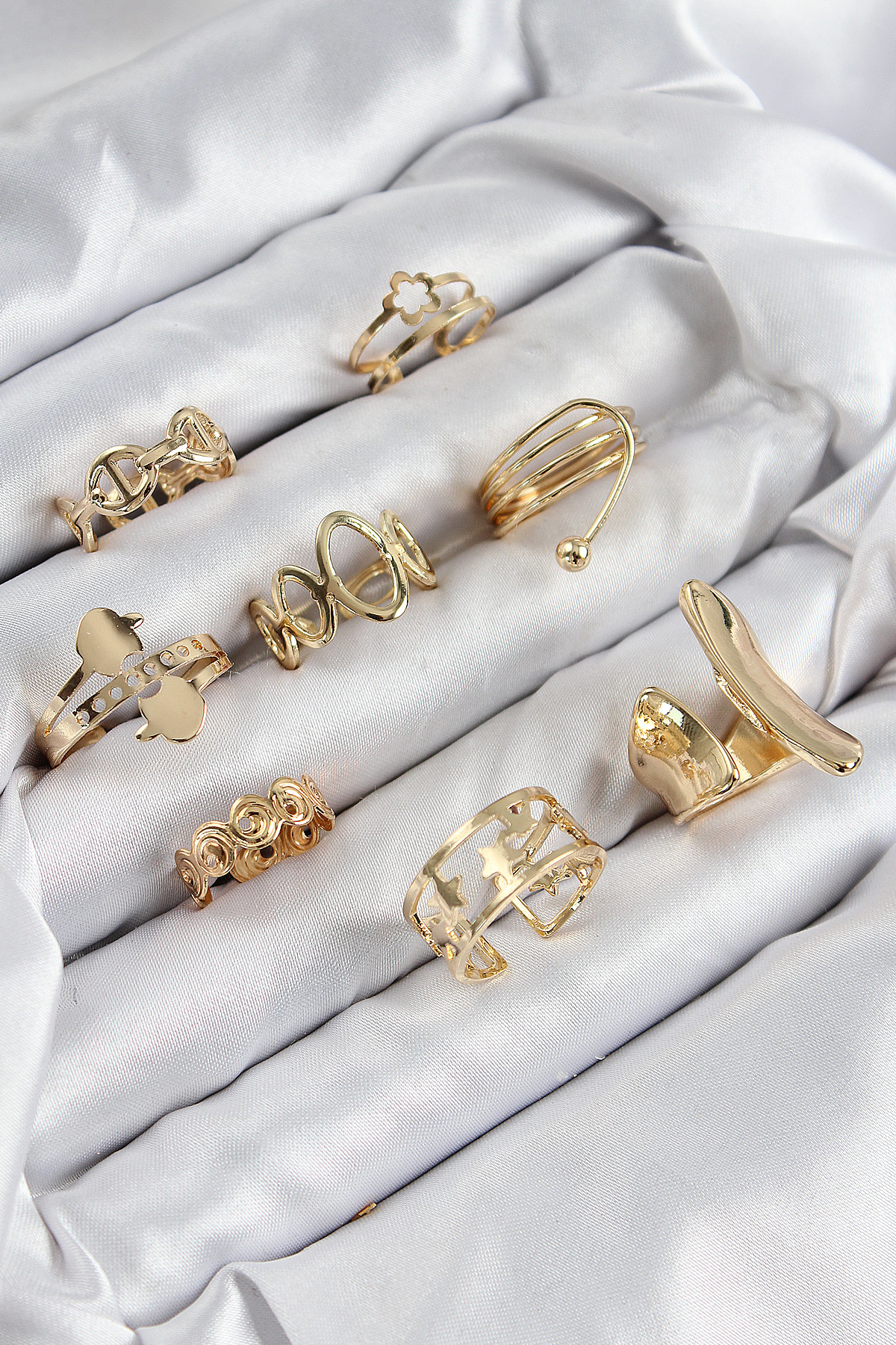 Pirinç Sarmal Ve Yıldız Model Gold Renk Kadın Yüzük Kombin Set -