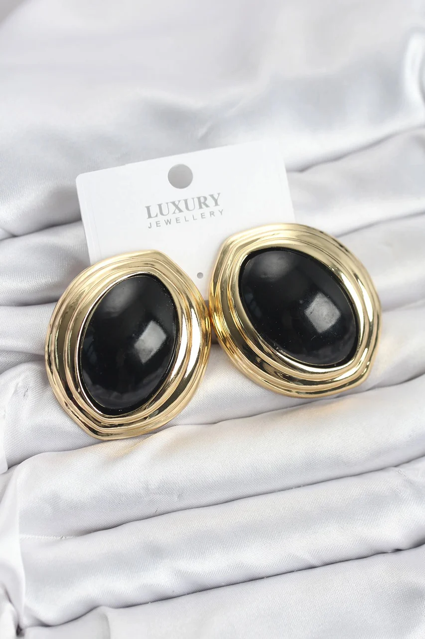 Pirinç Siyah Badem Model Vintage Gold Kadın Küpe Çok Renkli