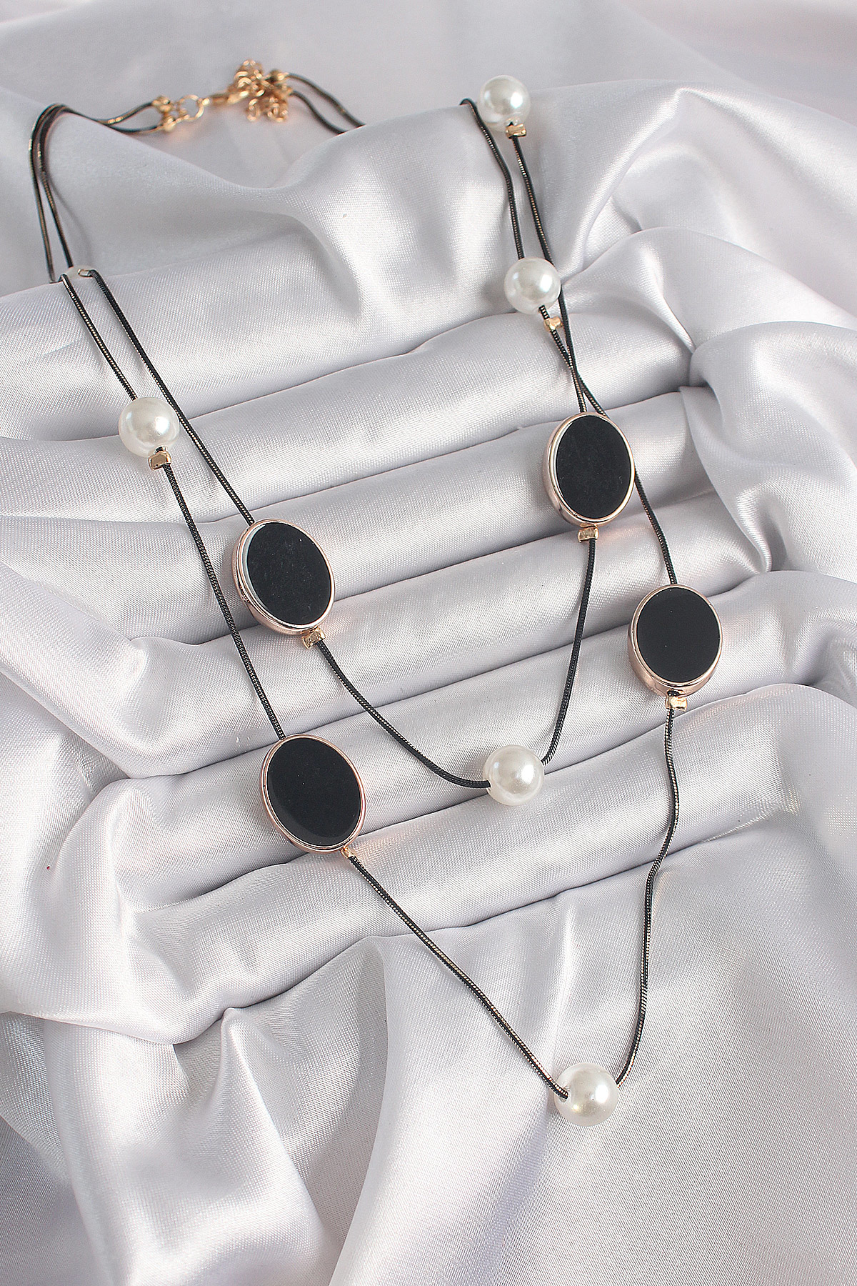 Stillove Pirinç Siyah Renk Zincir İnci Detaylı Çoklu Kadın Kolye Sl9662