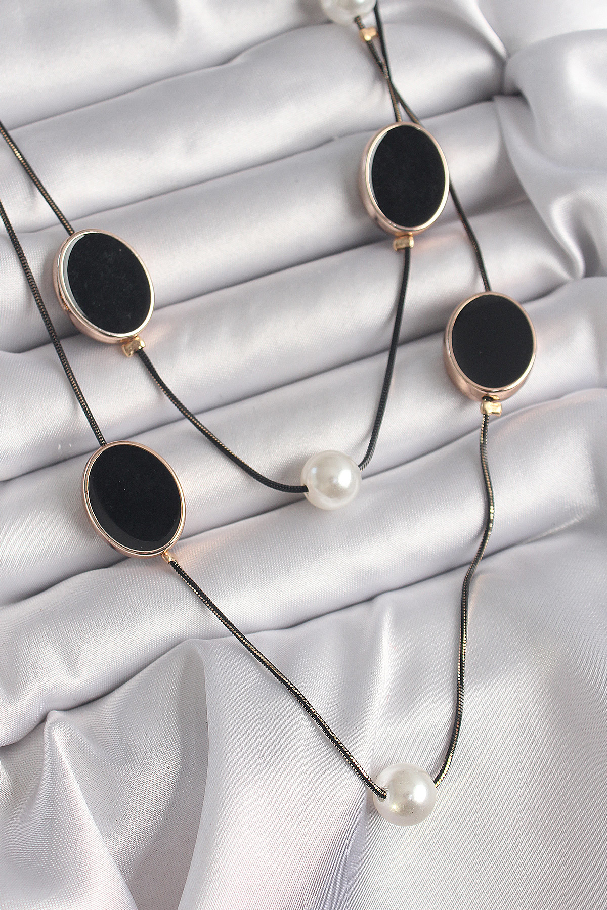 Stillove Pirinç Siyah Renk Zincir İnci Detaylı Çoklu Kadın Kolye Sl9662