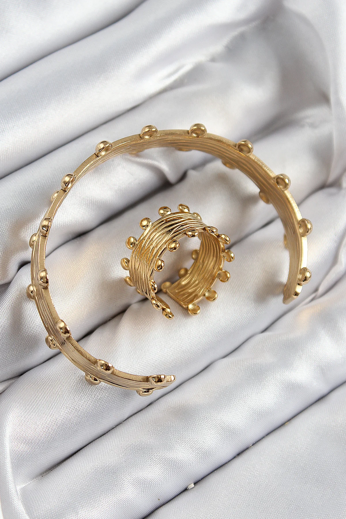 Pirinç Topcuk Model Gold Renk Bileklik Yüzük Set -1492