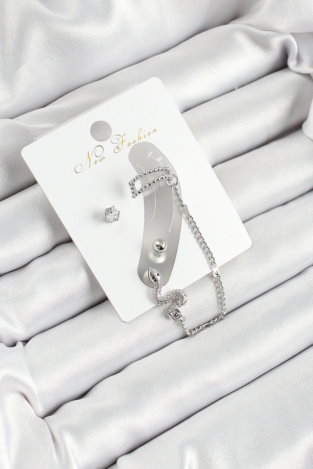 Pirinç Yılan Figürlü Zirkon Taşlı Gümüş Renk 3'lü Kıkırdak Kadın