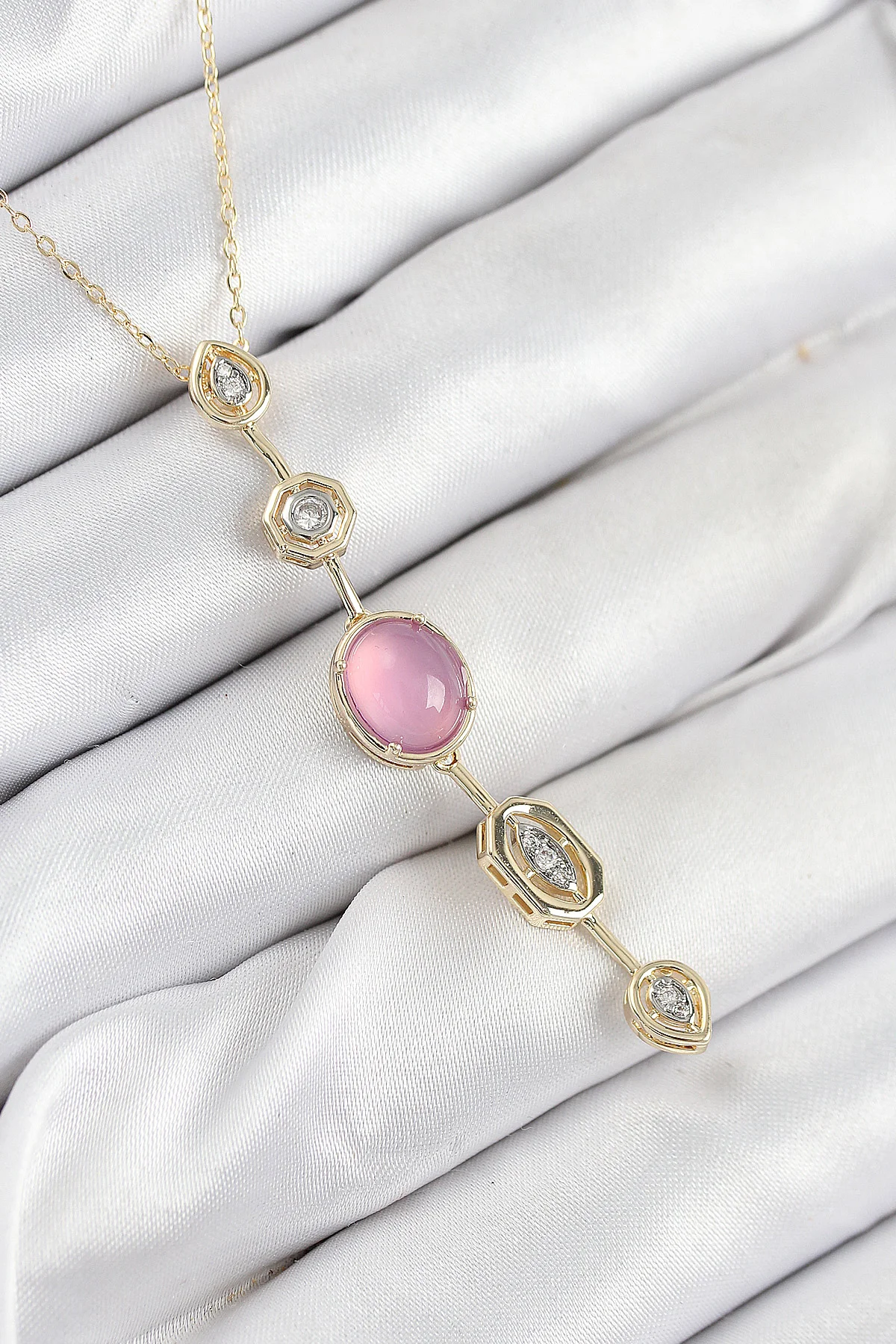 Pirinç Zincir Pembe Gold Renk Zirkon Taşlı Y Kolye -1492