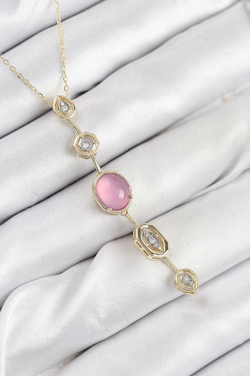 Pirinç Zincir Pembe Gold Renk Zirkon Taşlı Y Kolye - Lisinya