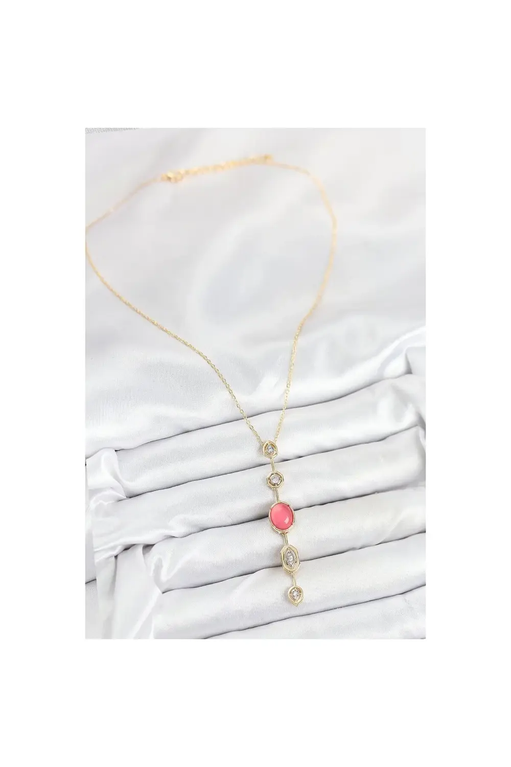 Pirinç Zincir Pembe Gold Renk Zirkon Taşlı Y Kolye - Lisinya