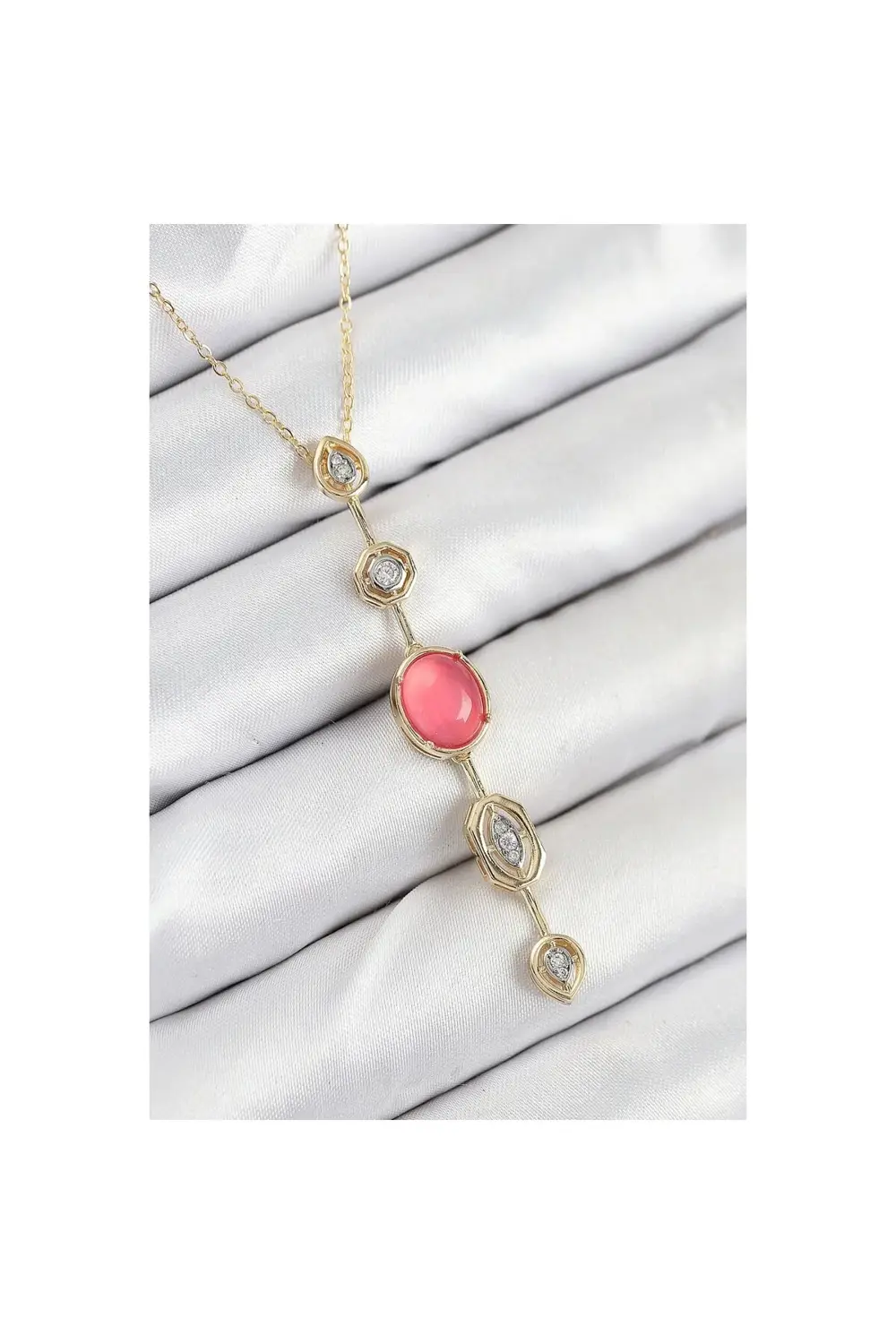 Pirinç Zincir Pembe Gold Renk Zirkon Taşlı Y Kolye - Lisinya