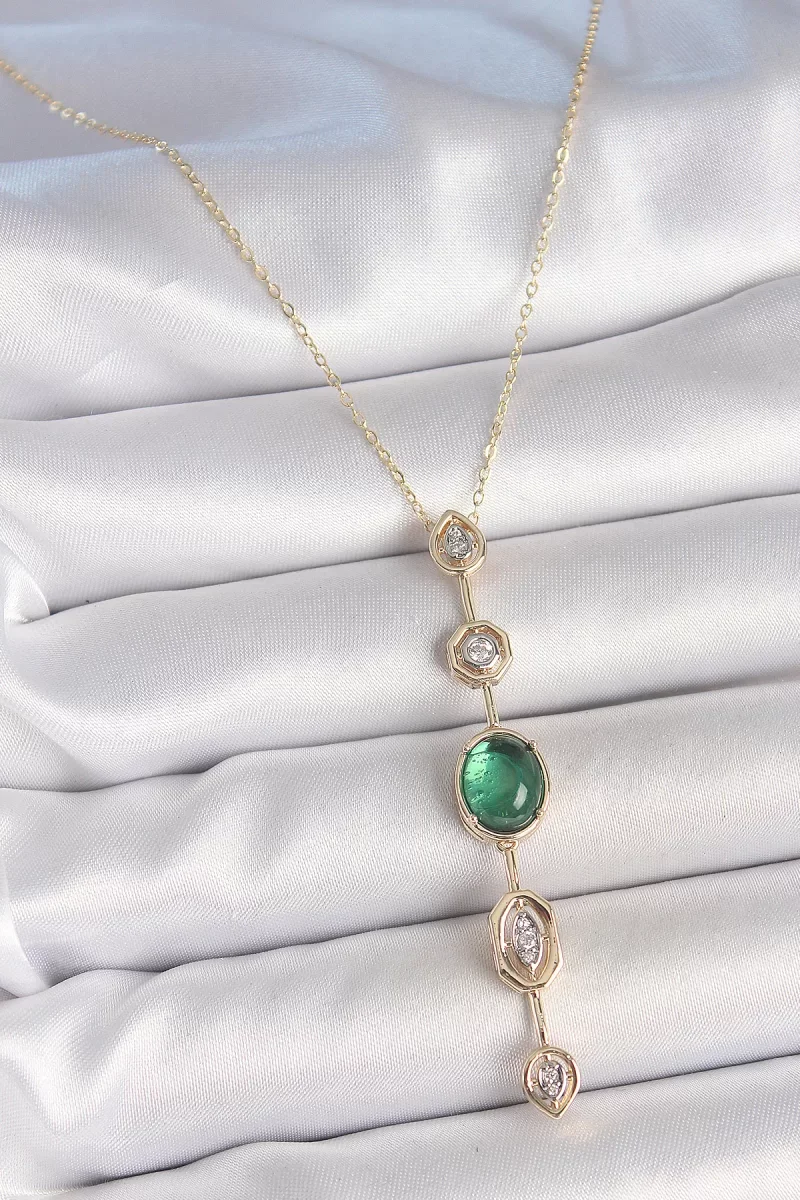 Pirinç Zincir Zümrüt Yeşil Gold Renk Zirkon Taşlı Y Kolye - Lisinya