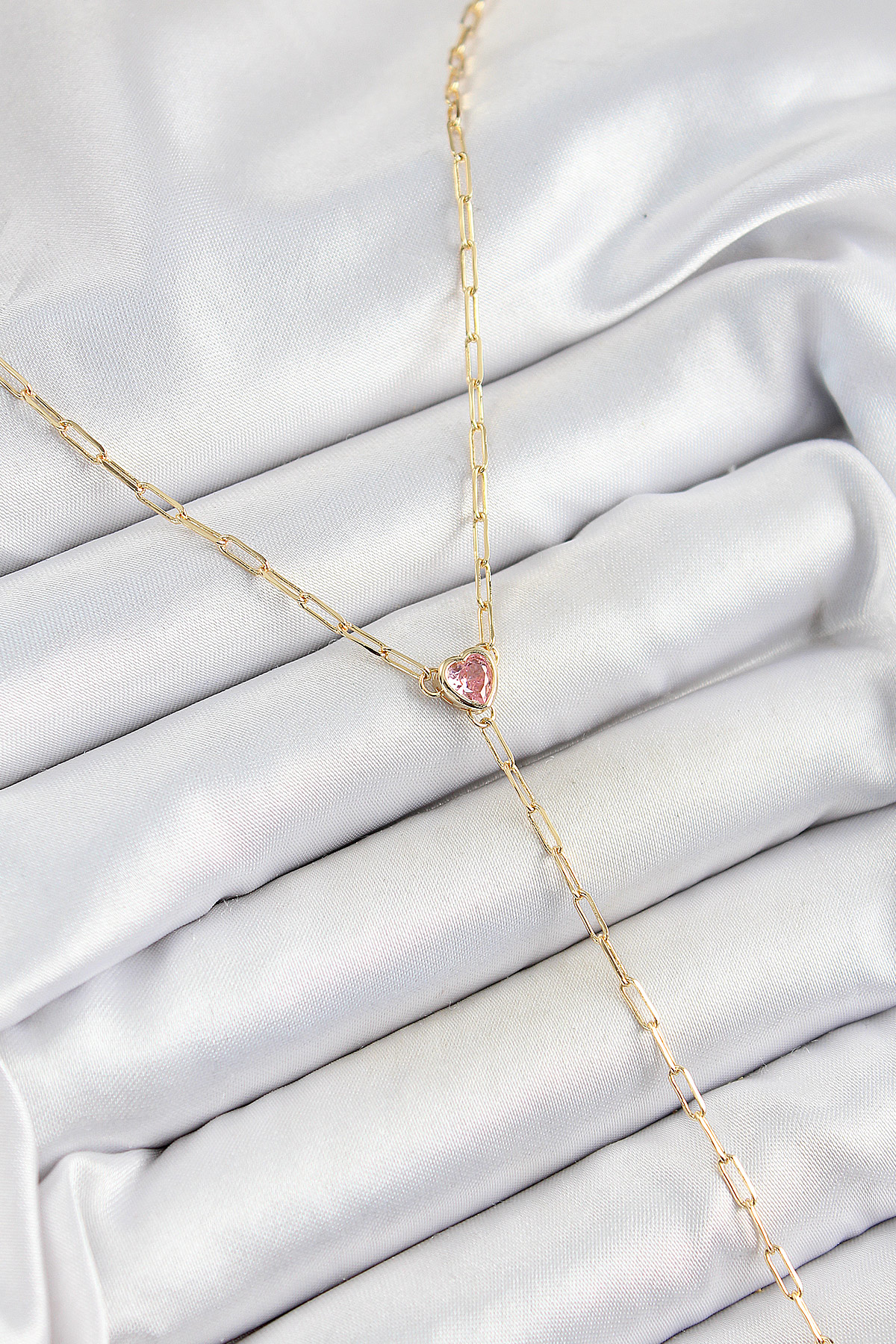 Pirinç Zirkon Taşlı Pembe Kalp Figürlü Y Model Gold Renk Kadın Ko