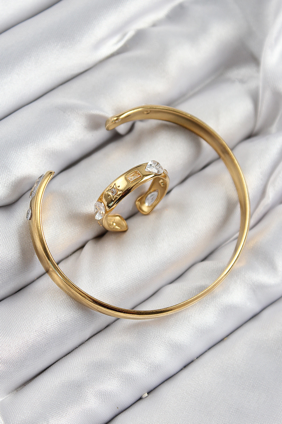 Pirinç Zirkon Taşlı Ayrık Model Gold Renk Bileklik Yüzük Set - TJ
