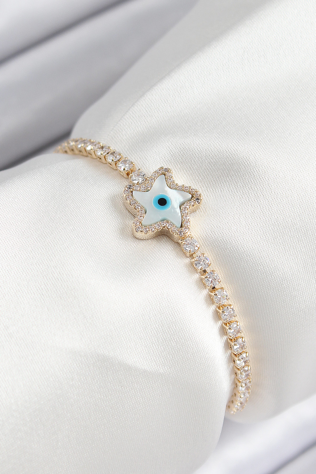 Pirinç Zirkon Taşlı Nazar Yıldız Model Gold Renk Asansörlü Kadın