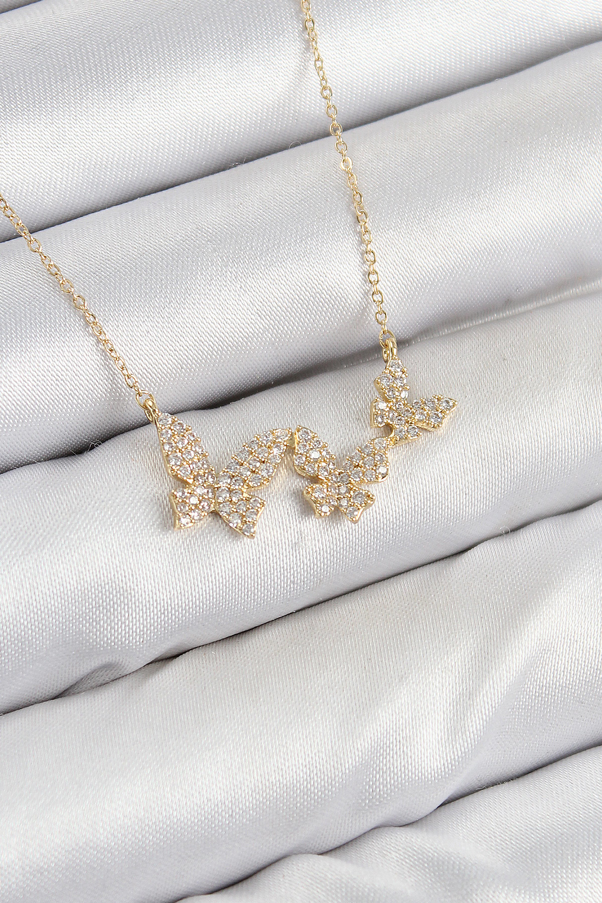 Pirinç Zirkon Taşlı Kelebek Model Gold Renk Kadın Kolye - TJ-BKO1