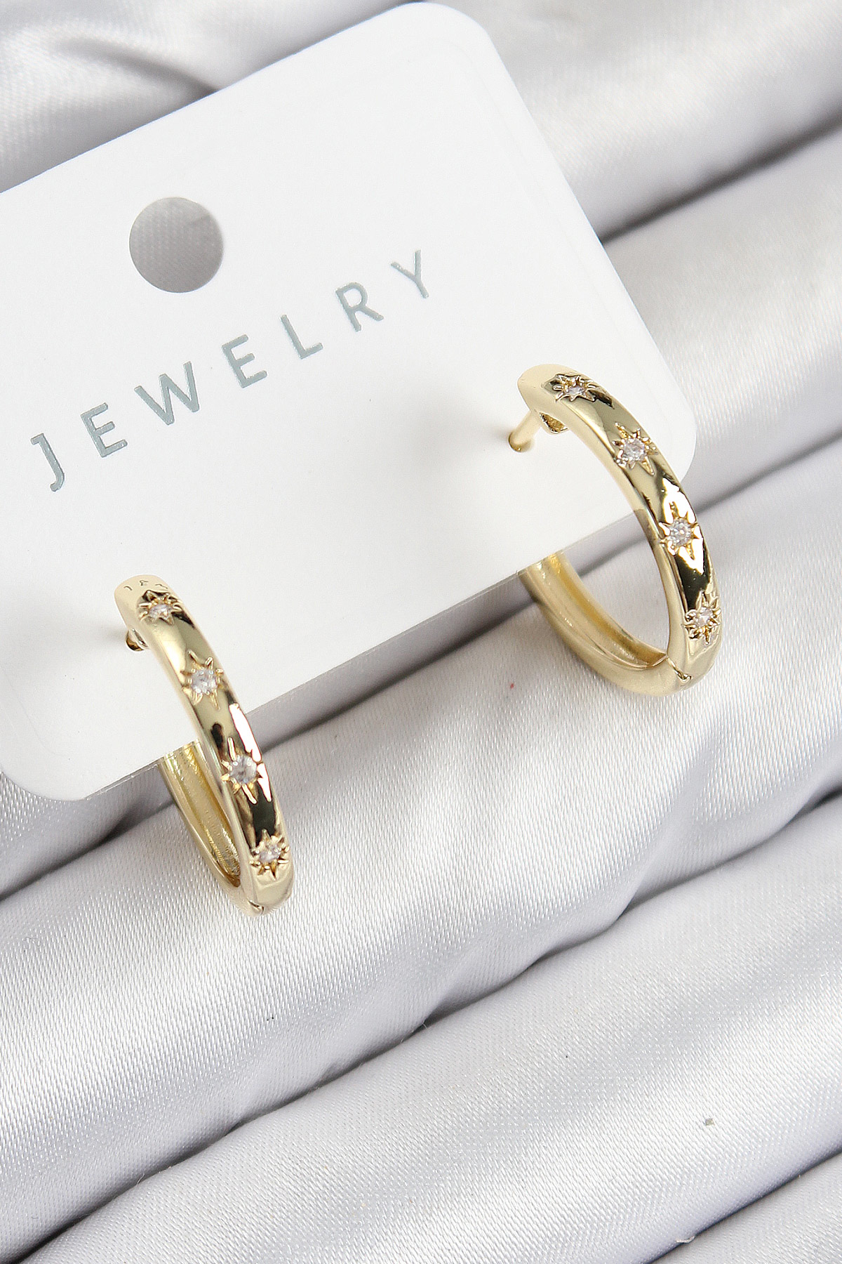Pirinç Zirkon Taşlı Halka Model Gold Renk Kadın Küpe - TJ-BKP1107