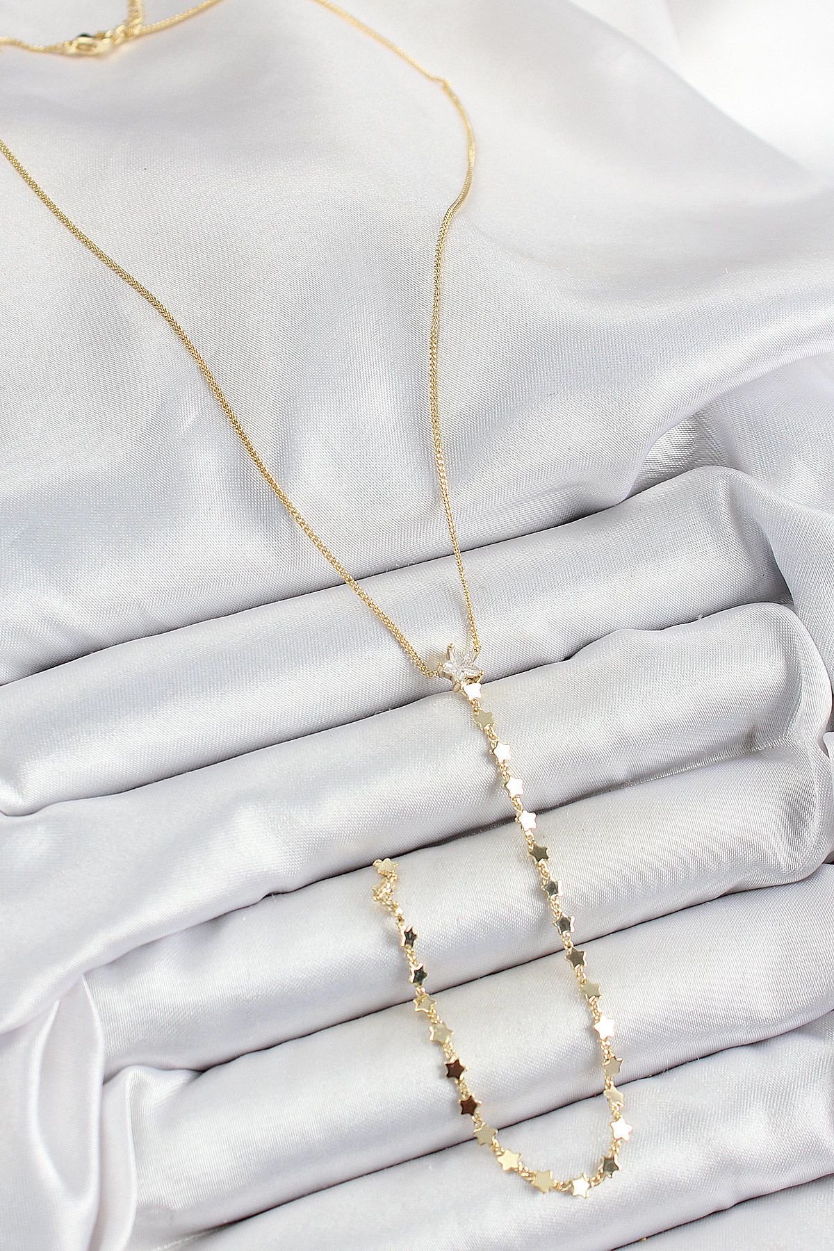 Pirinç Zirkon Taşlı Yıldız Figürlü Y Model Gold Renk Kadın Kolye