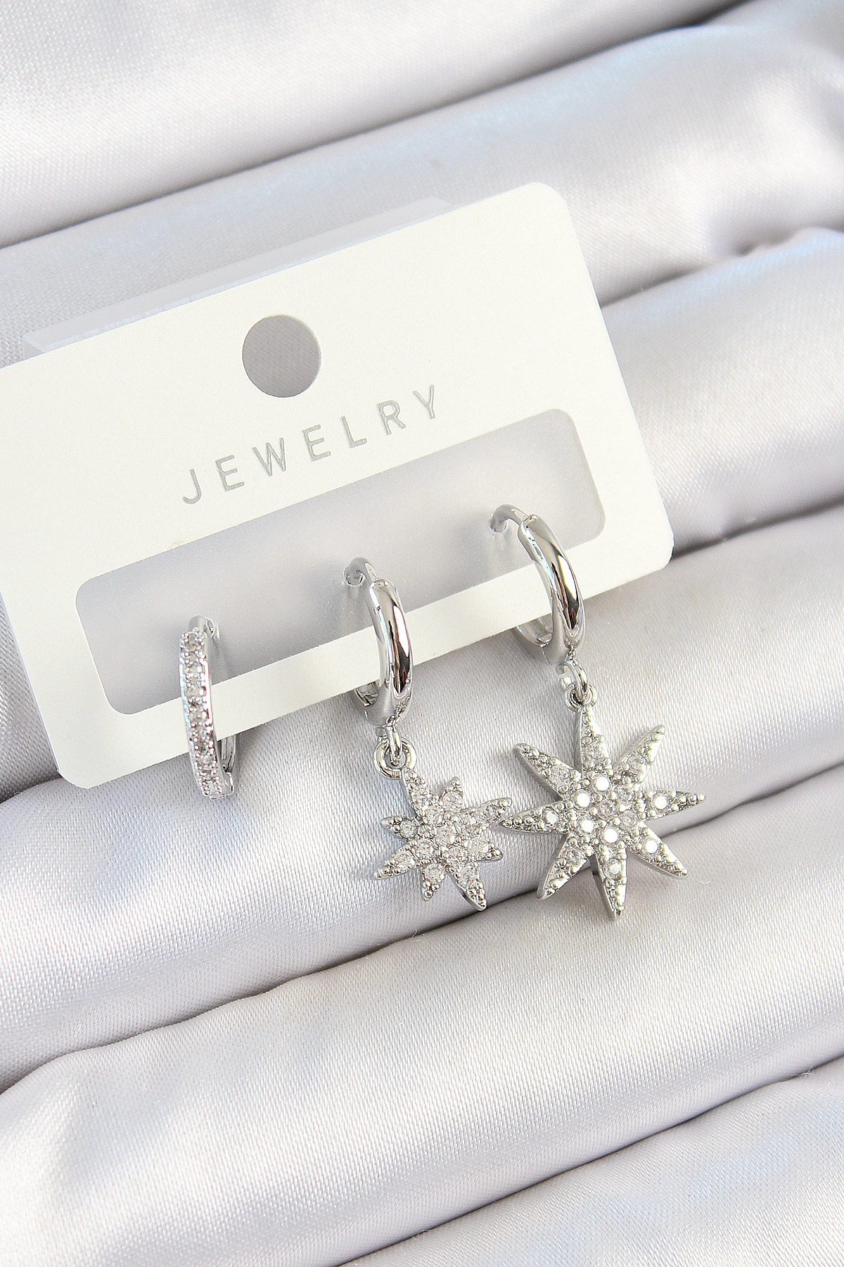 Pirinç Zirkon Taşlı Kutup Yıldızı Model Gümüş Renk 3'lü Çift Kadı