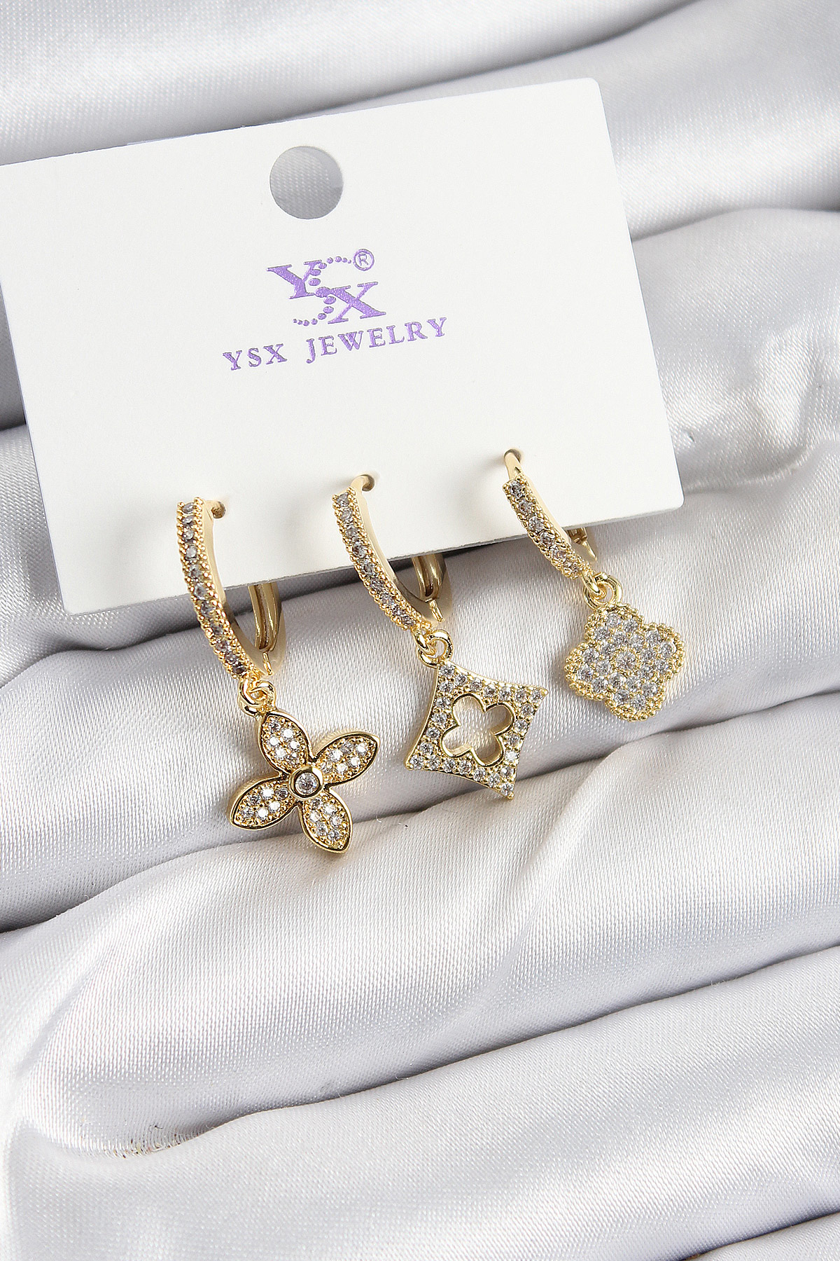 Pirinç Zİrkon Taşlı Yonca Model Gold Renk 3'lü Kadın Küpe - TJ-BK