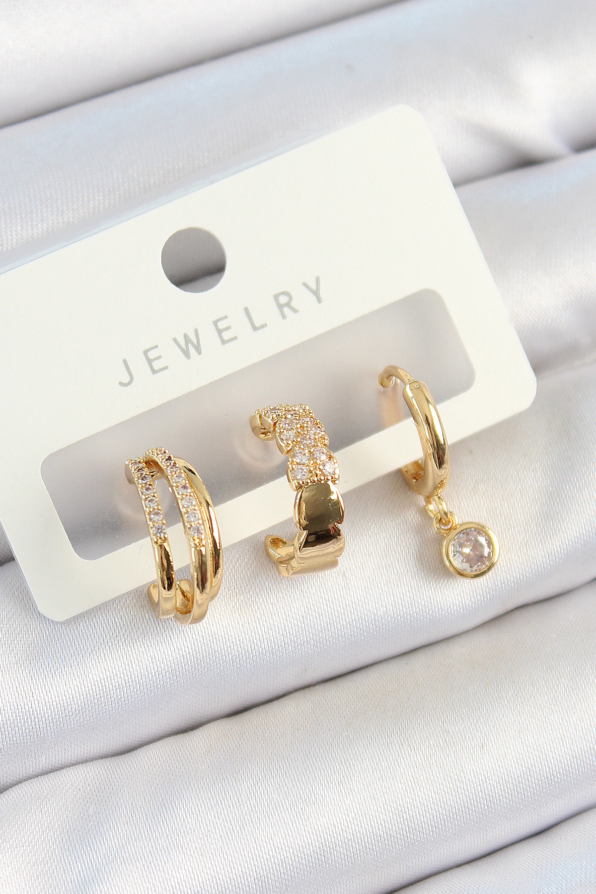 Pirinç Zirkon Taşlı Halka Model Gold Renk 3'lü Çift Kadın Küpe Se