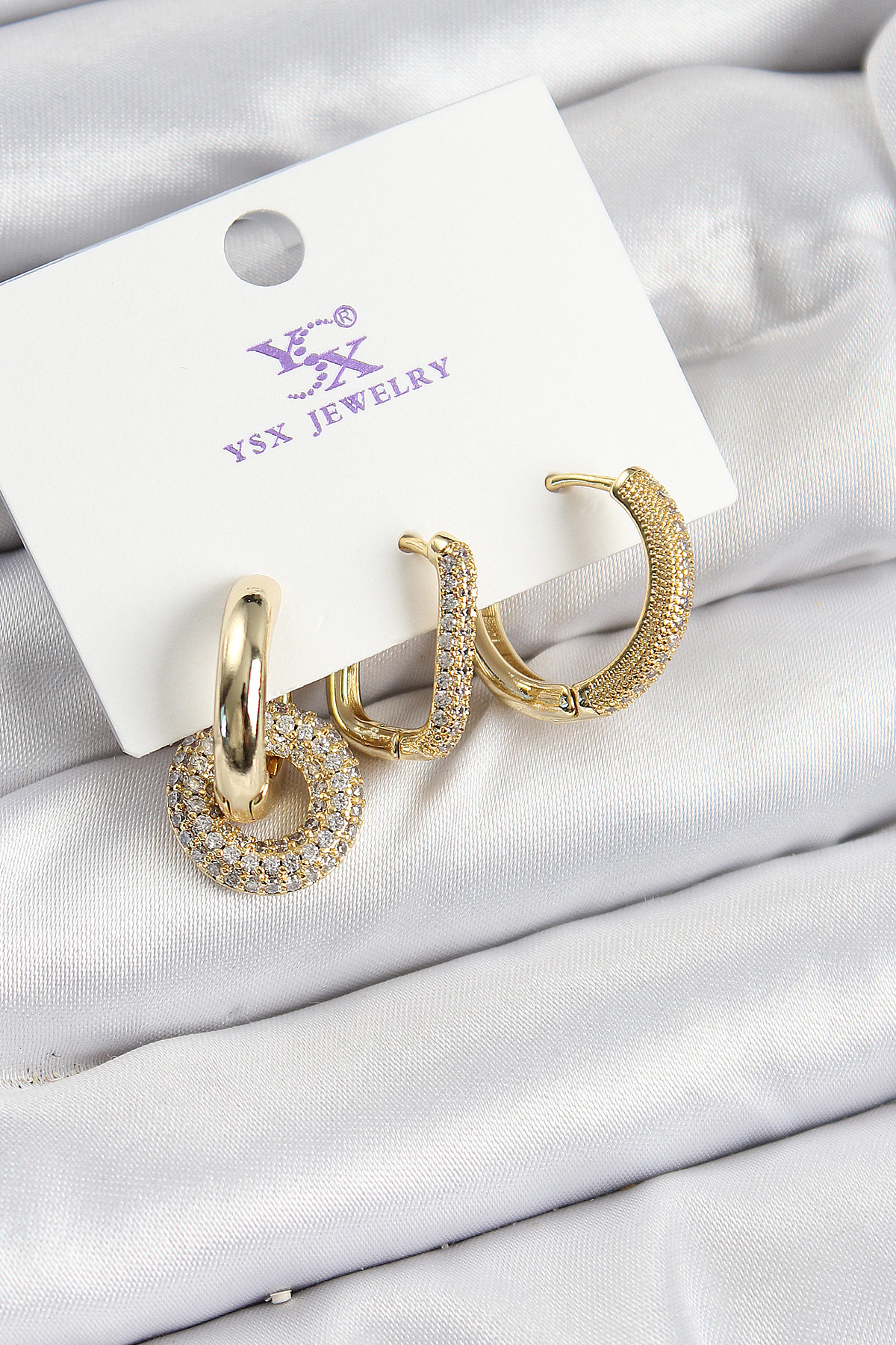 Pirinç Zİrkon Taşlı Halka Model Gold Renk 3'lü Kadın Küpe - TJ-BK