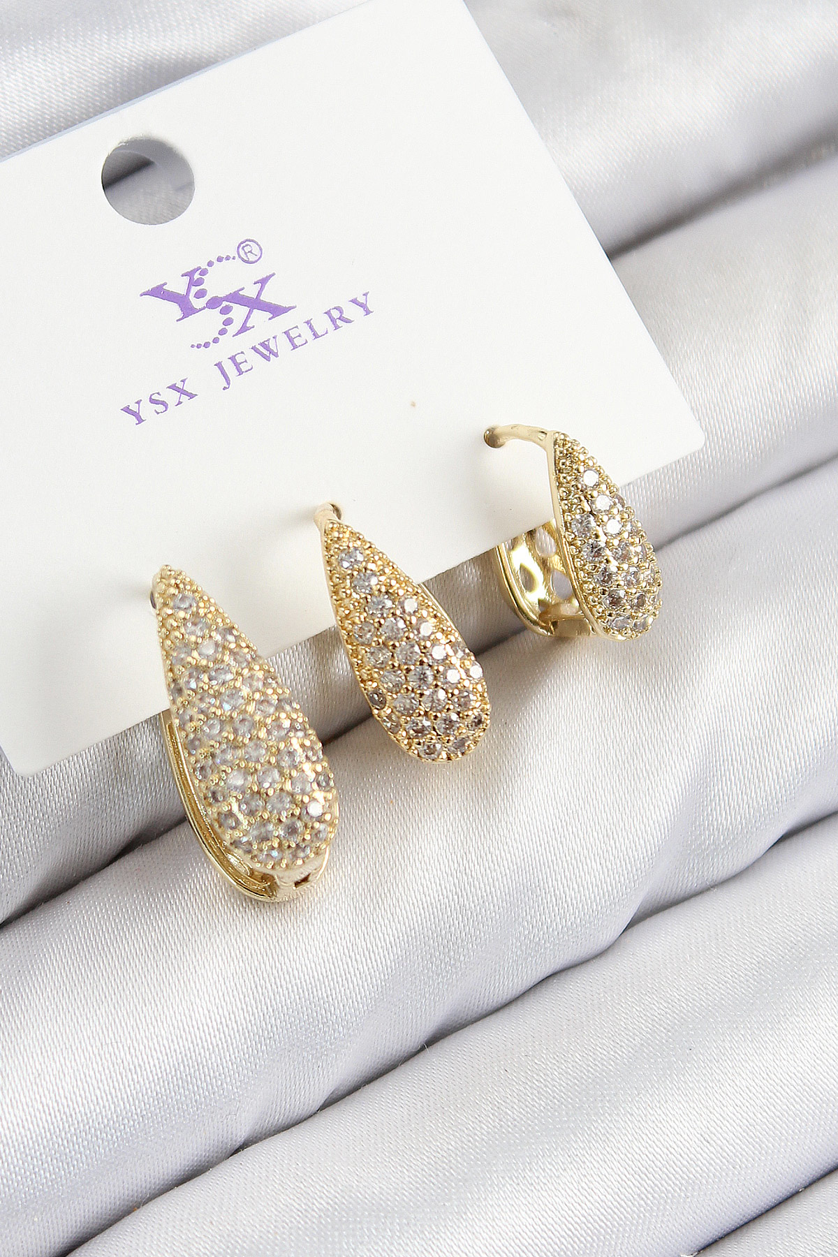 Pirinç Zirkon Taşlı 3'lü Damla Model Gold Renk Kadın Küpe - TJ-BK